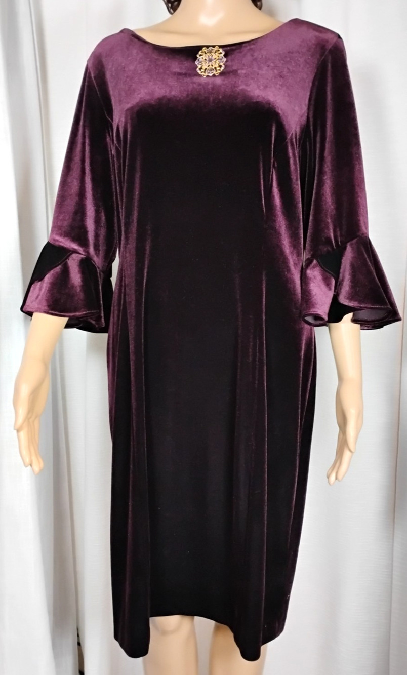 DKNY Plum Purple Velvet Shift Dress Boat Neck 3/4 Bell Sleeve Whimsygoth